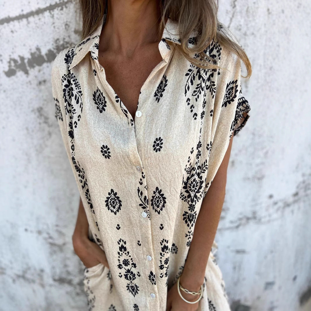 Loose Lapel Sleeveless Shirt Dress With Button Fashion Ethnic-style Printed Button Dresses For Beach