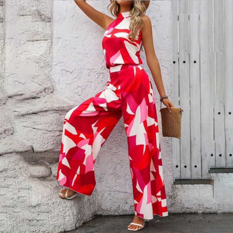 Women's Summer 2 Piece Outfits Floral Print Halter Neck Sleeveless Top Wide Leg Pants Set Jumpsuits