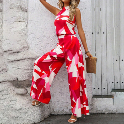 Women's Summer 2 Piece Outfits Floral Print Halter Neck Sleeveless Top Wide Leg Pants Set Jumpsuits