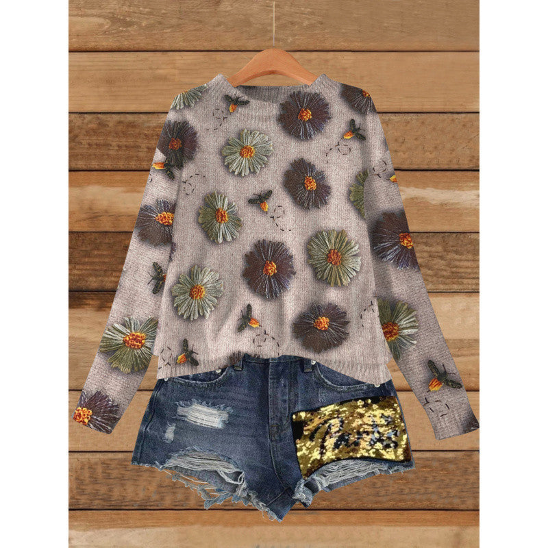 Western Style Beautiful Design Loose Slimming Printed Sweater Niche Fashion