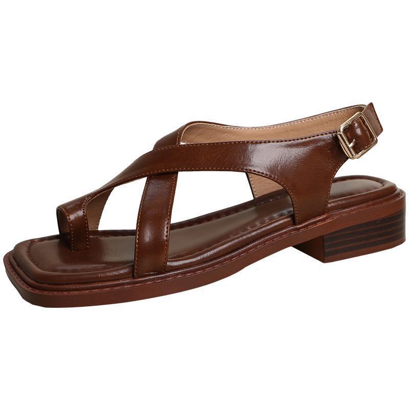 French Retro Brown Toe Ring Sandals