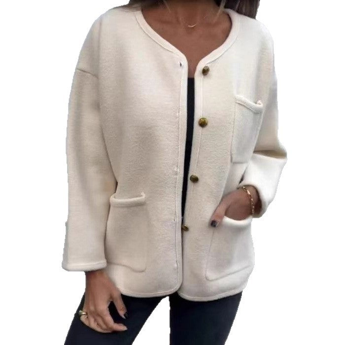 Women's Round Neck Long Sleeve Woolen Coat