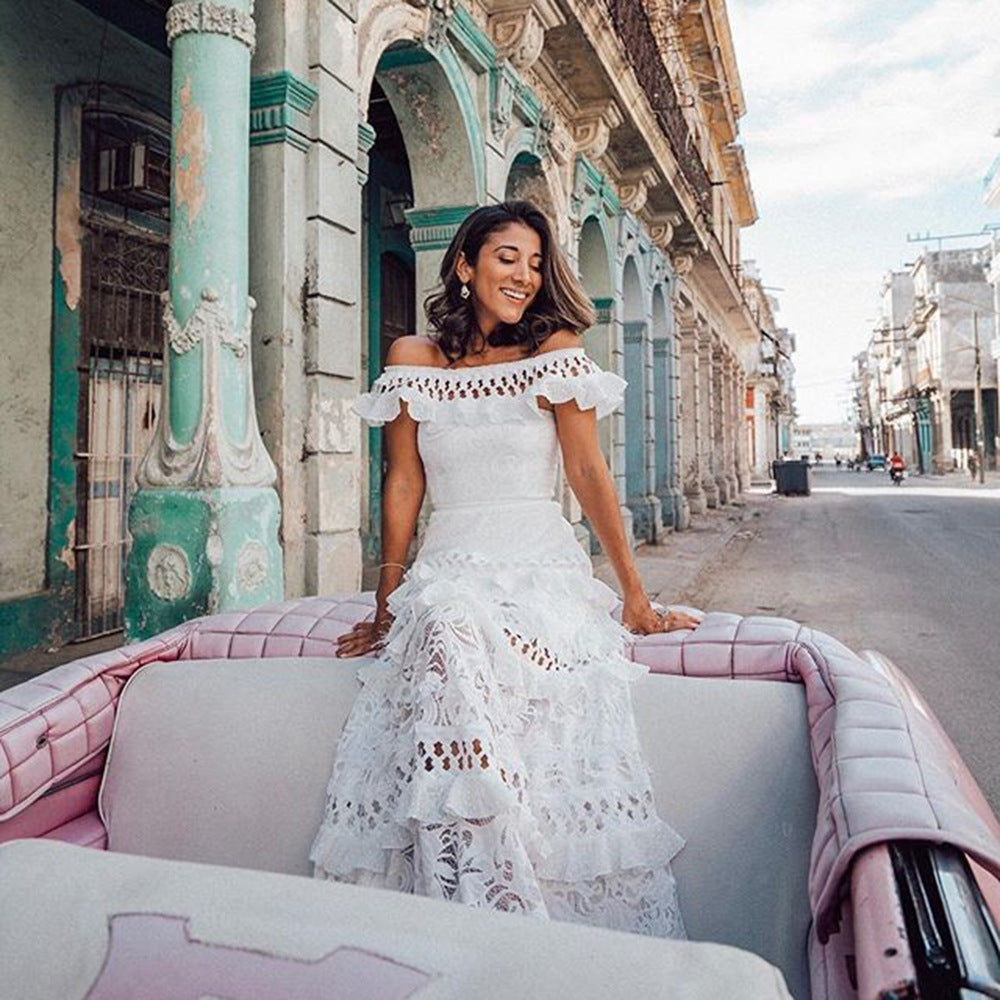 Women's Off-shoulder Ruffled Hollow Wide Hem Lace Dress