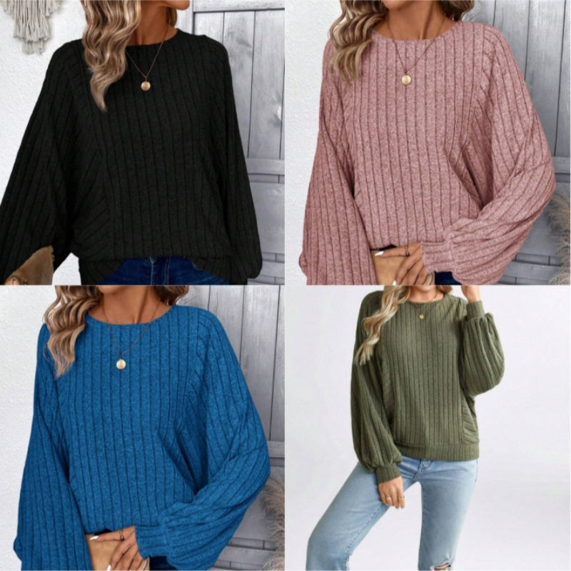 Round Neck Solid Color Rib Fabric Loose Long Sleeve Top Women's Clothing