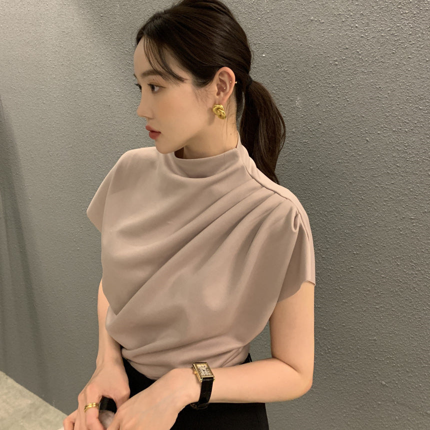 Women's Stand Collar Oblique Pleated Shirt Top