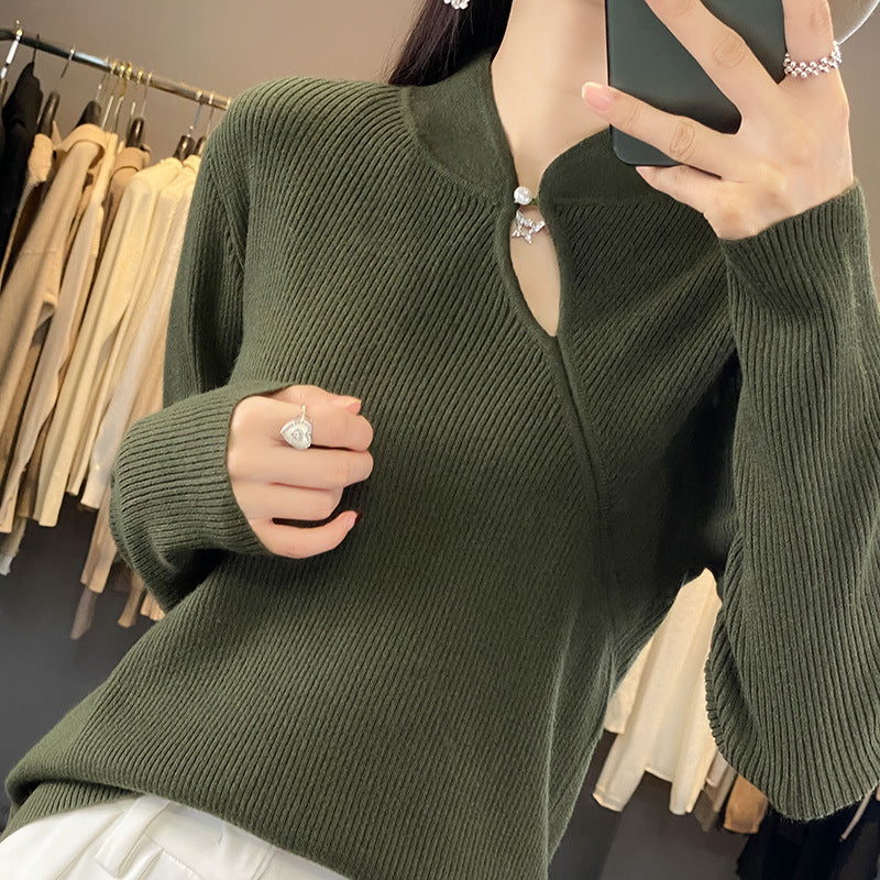 Half Turtleneck New Chinese Style Buckle Sweater Women's Sweater