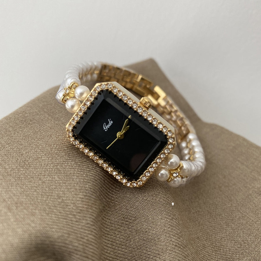 Silver Black Square Pearl Bracelet Diamond