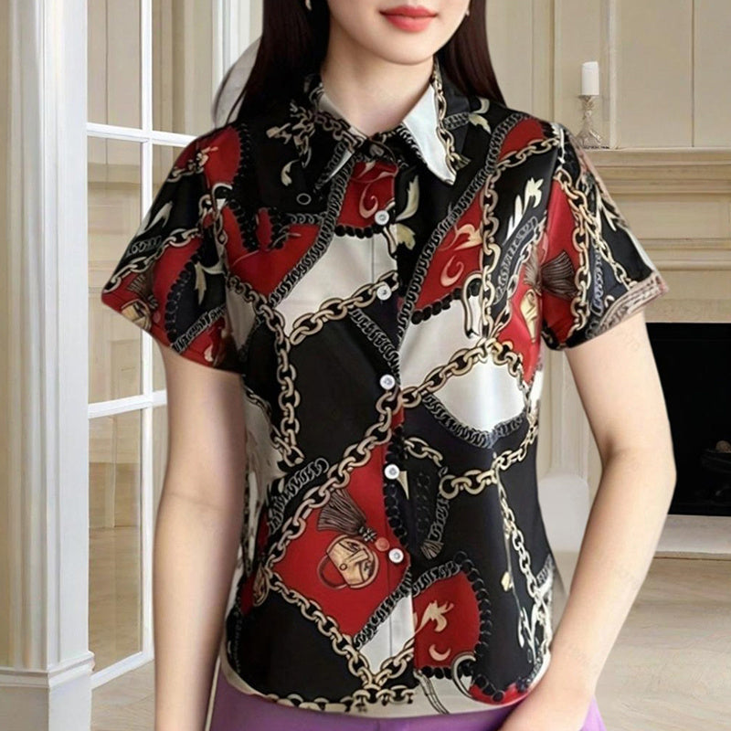 Women's Lapel Collar Short Sleeve Shirt - Chain Print Design, Button-Up Casual Top Comfortable Summer Wear