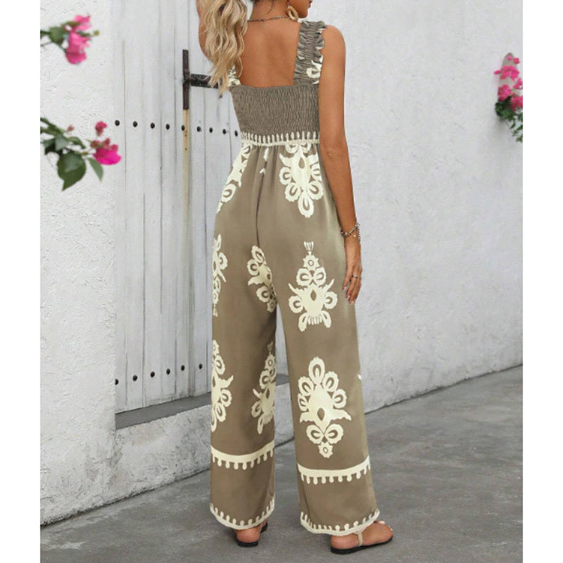 Women's Summer Boho Jumpsuits One Piece Beach Vacation Outfits Shirred Strap Wide Leg Pants Rompers With Pockets