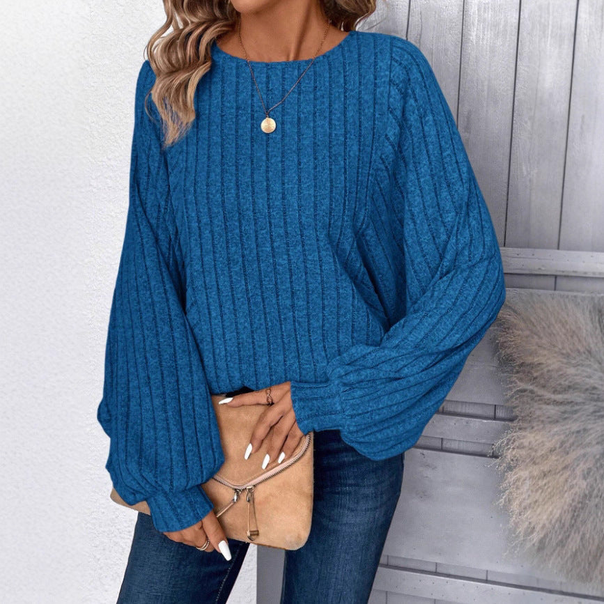 Round Neck Solid Color Rib Fabric Loose Long Sleeve Top Women's Clothing