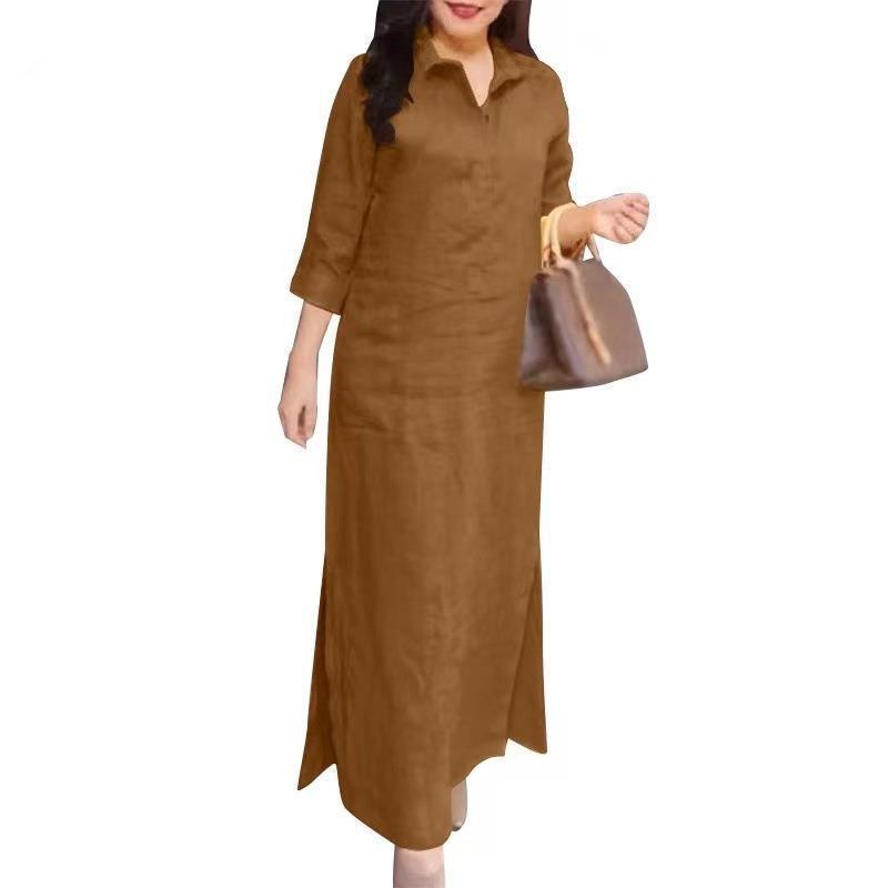 Solid Color Lapel Long Sleeve Simple Dress Women
