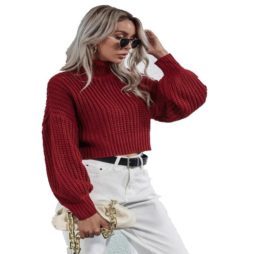 Turtleneck Midriff-baring Knitted Sweater Short