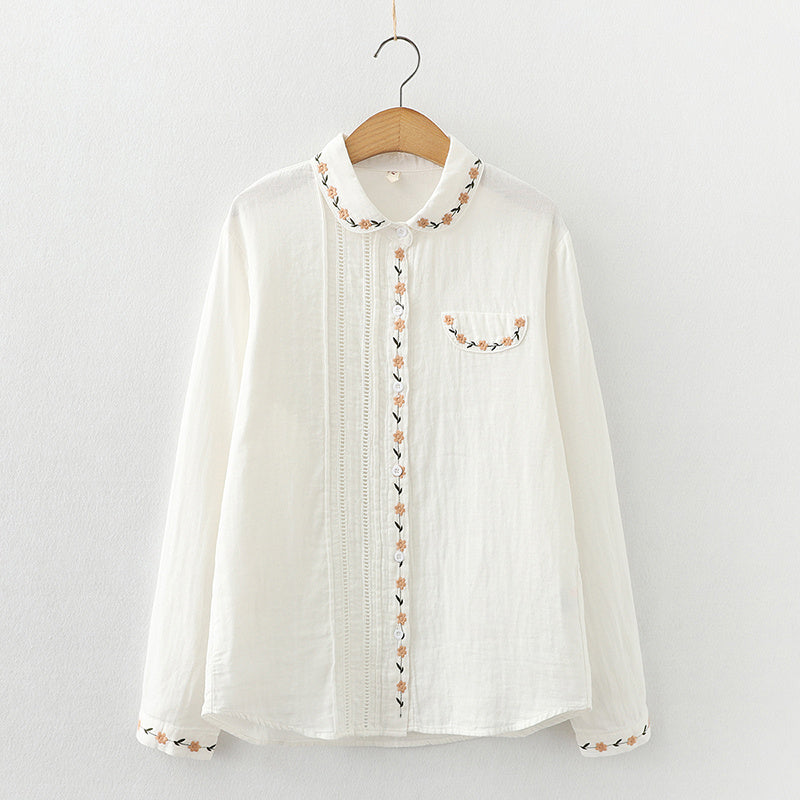 Women's Elegance Doll Collar Embroidered Pleated Long Sleeve Shirt