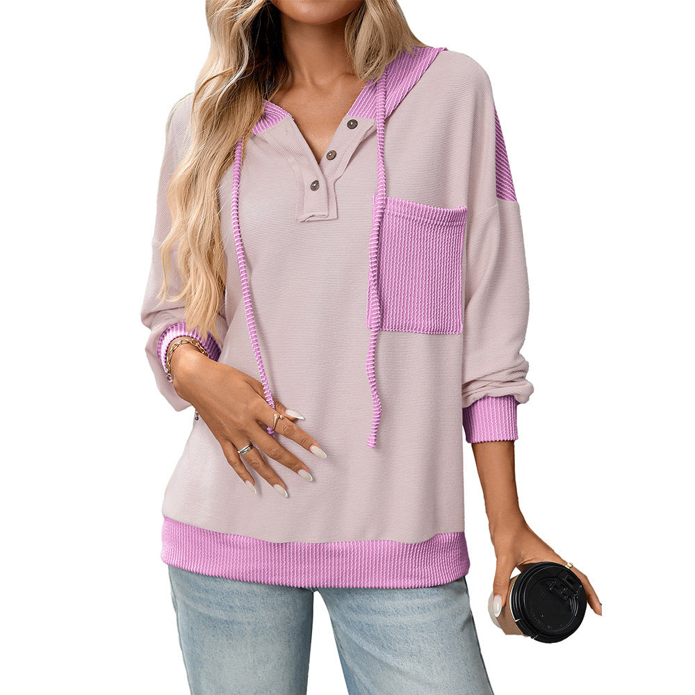 Women's Contrast Color Twist Strip Hooded Sweater