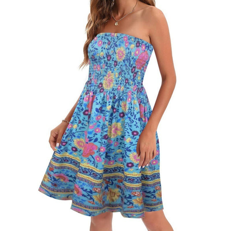 European And American Spring And Summer New Fashion Printed Beach Vacation Sexy Tube Top Dress