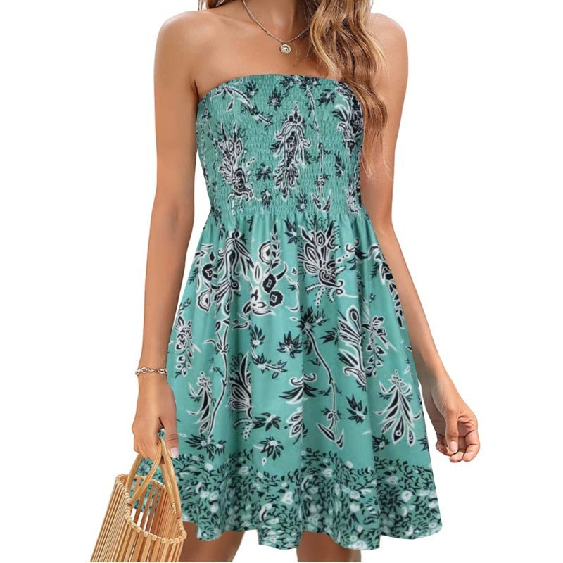 European And American Spring And Summer New Fashion Printed Beach Vacation Sexy Tube Top Dress