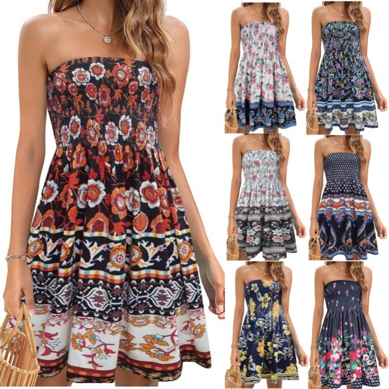 European And American Spring And Summer New Fashion Printed Beach Vacation Sexy Tube Top Dress