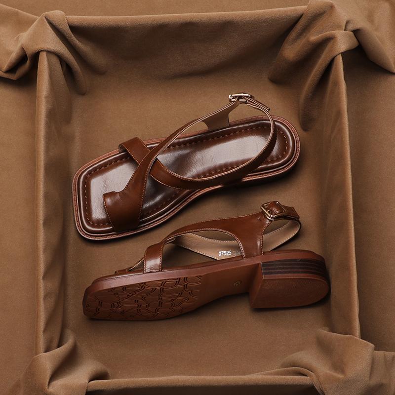 French Retro Brown Toe Ring Sandals