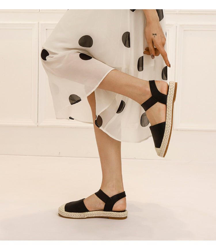 Soft soled Straw Woven Plus Size Shoes, One-legged Lazy Sandals