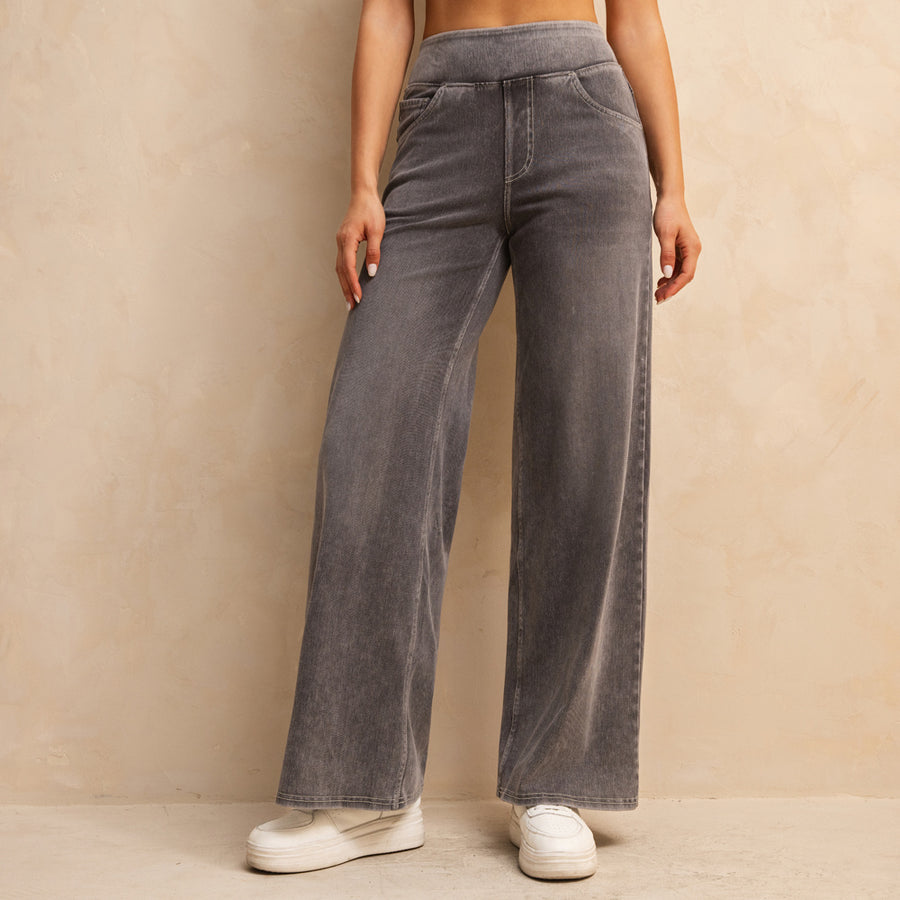 Shascullfites Full-Length Wide Leg Jeans Stretch Cotton Light Grey Wash Casual Pants With Multiple Pockets Baggy Fit