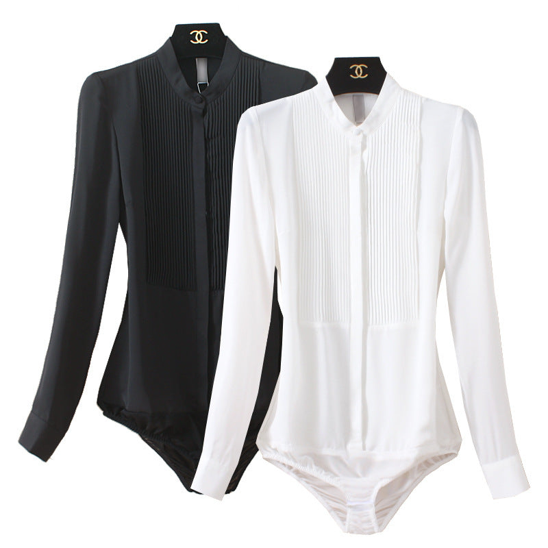 Stand Collar Organ Pleated Chiffon Shirt One-piece