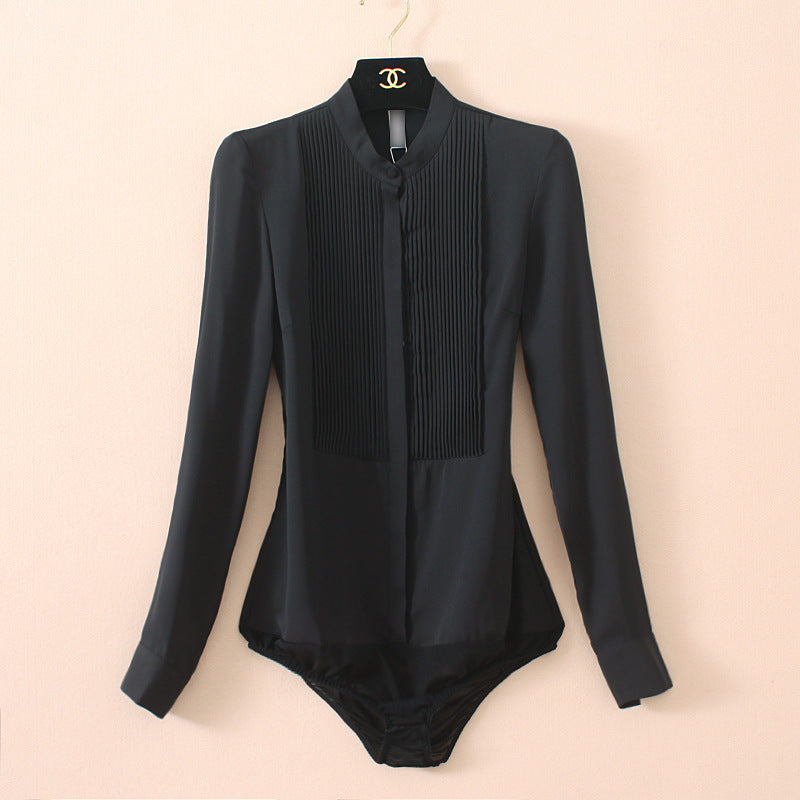 Stand Collar Organ Pleated Chiffon Shirt One-piece