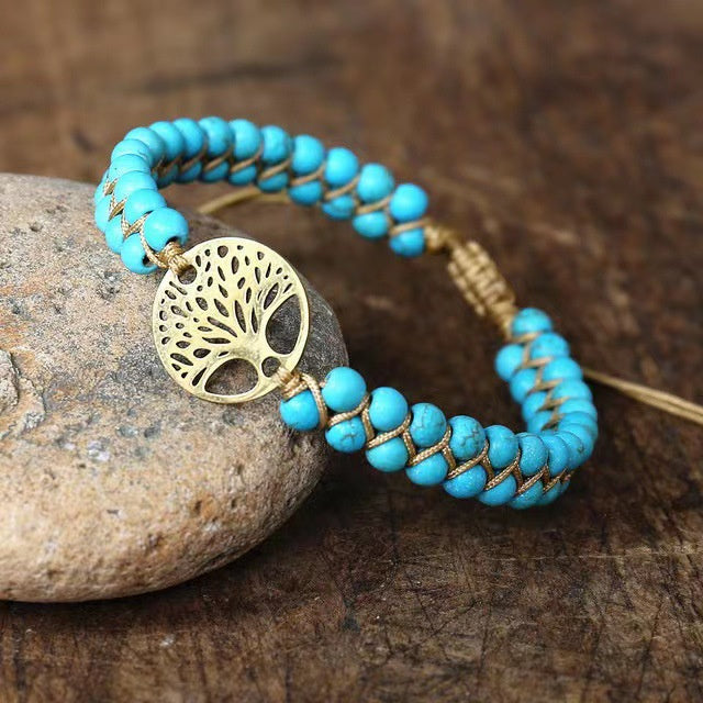 Fashion Braided Double Layer Turquoise Bracelet Bohemian Ethnic Style Tree-of-life Adjustable Yoga Bracelet For Women