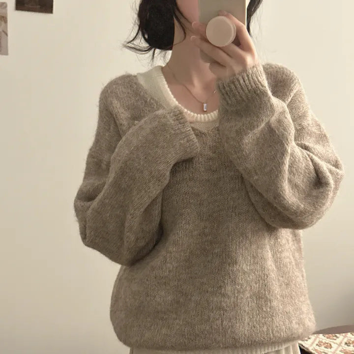 Inner Knitted Vest Loose-fitting Long Sleeve Sweater Two-piece Set