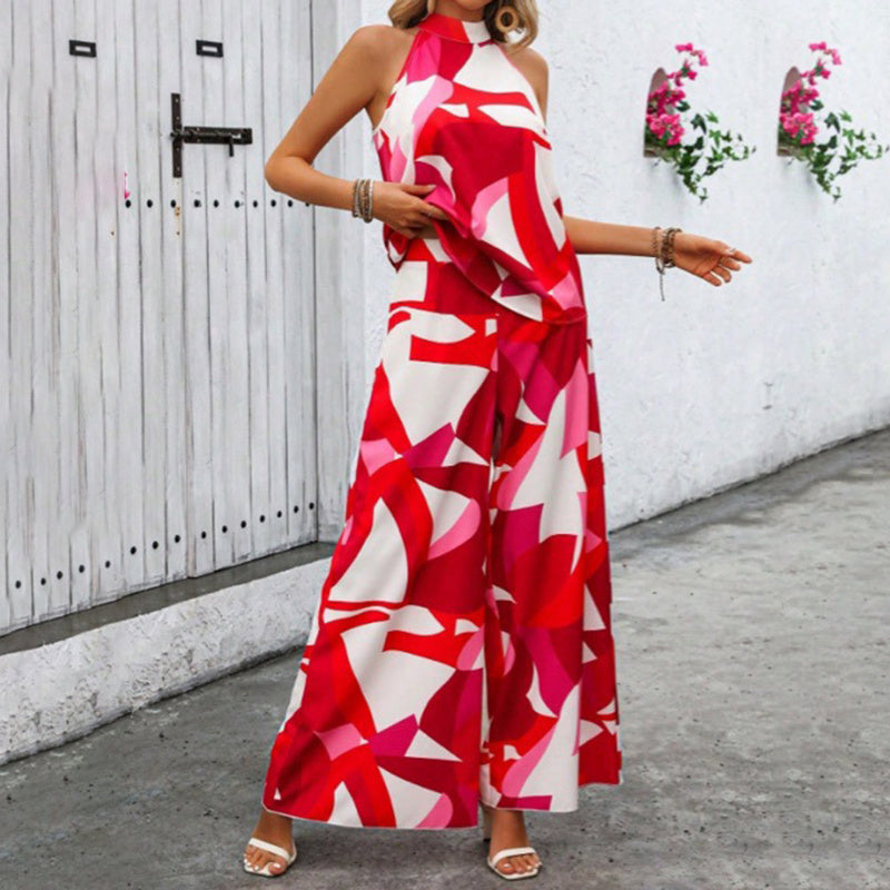 Women's Summer 2 Piece Outfits Floral Print Halter Neck Sleeveless Top Wide Leg Pants Set Jumpsuits