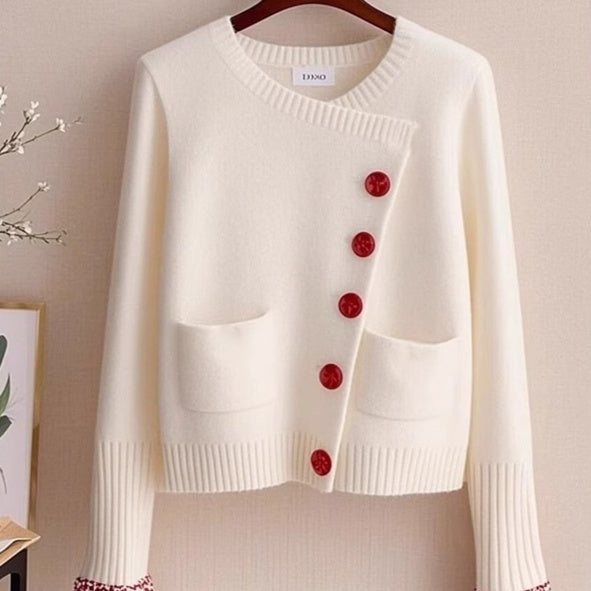 White Knitted Fabric Cardigan Sweater For Women