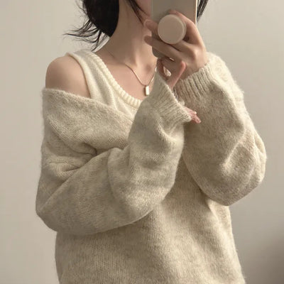 Inner Knitted Vest Loose-fitting Long Sleeve Sweater Two-piece Set