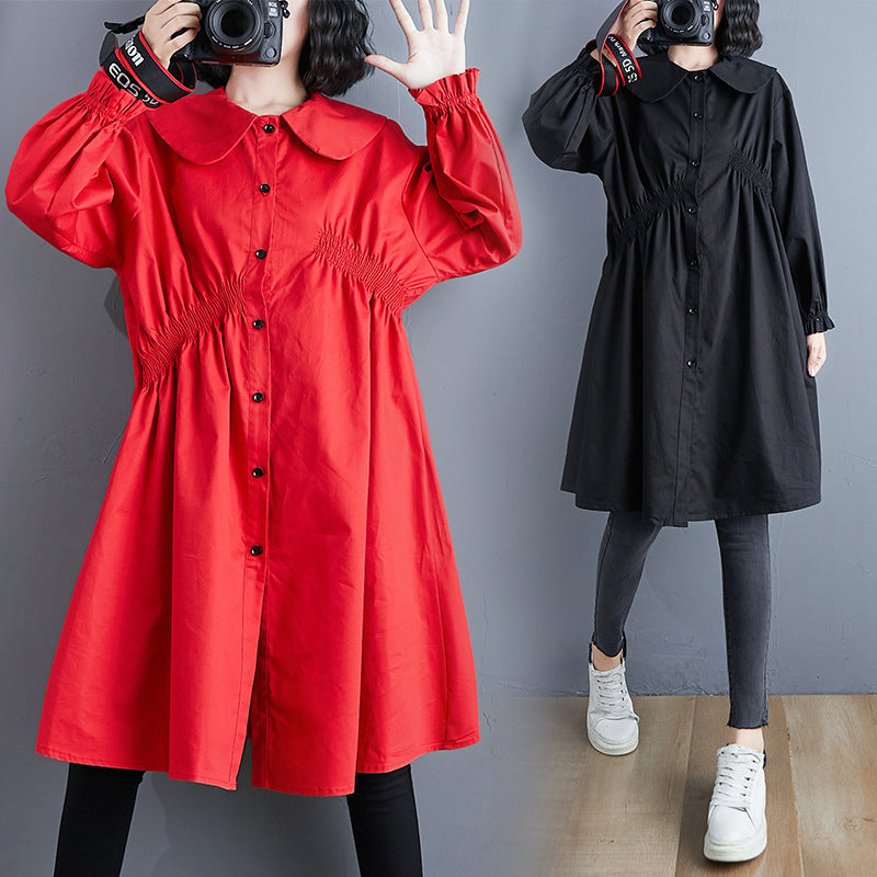 Ladies Loose Mid-length Doll Collar Pleated Shirt