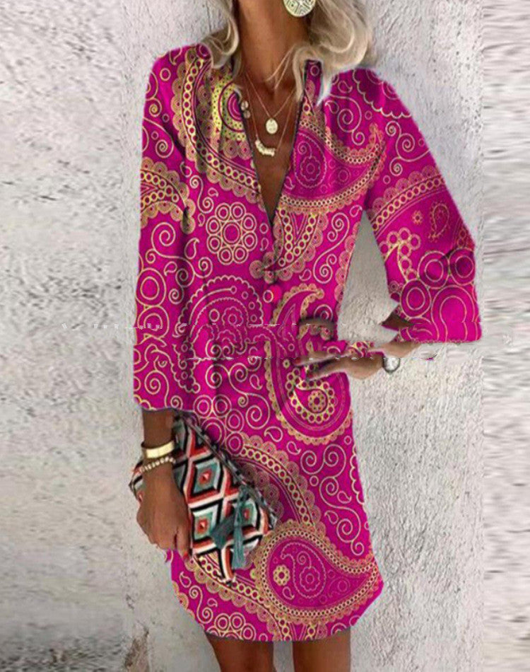 Summer New Printed V-neck Half Sleeves Loose Dress