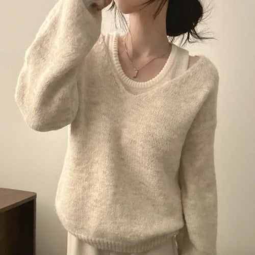 Inner Knitted Vest Loose-fitting Long Sleeve Sweater Two-piece Set