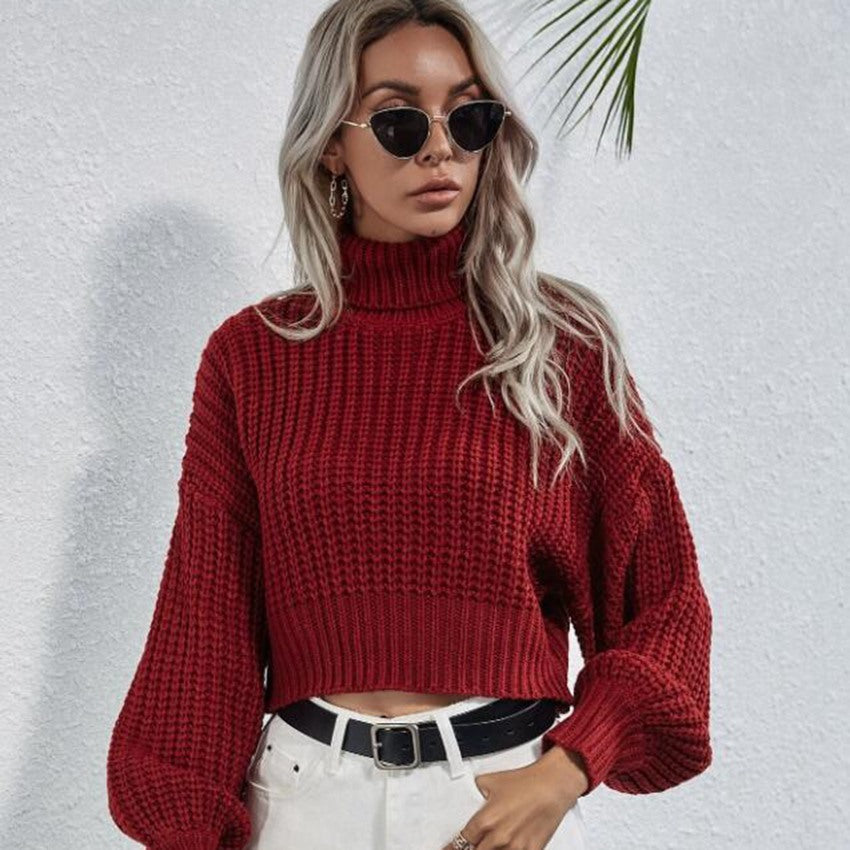 Turtleneck Midriff-baring Knitted Sweater Short
