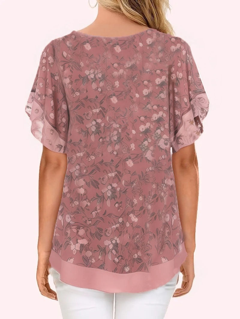Women's Stringy Selvedge Round Neck Ultra-thin Chiffon Printed Short-sleeved Shirt