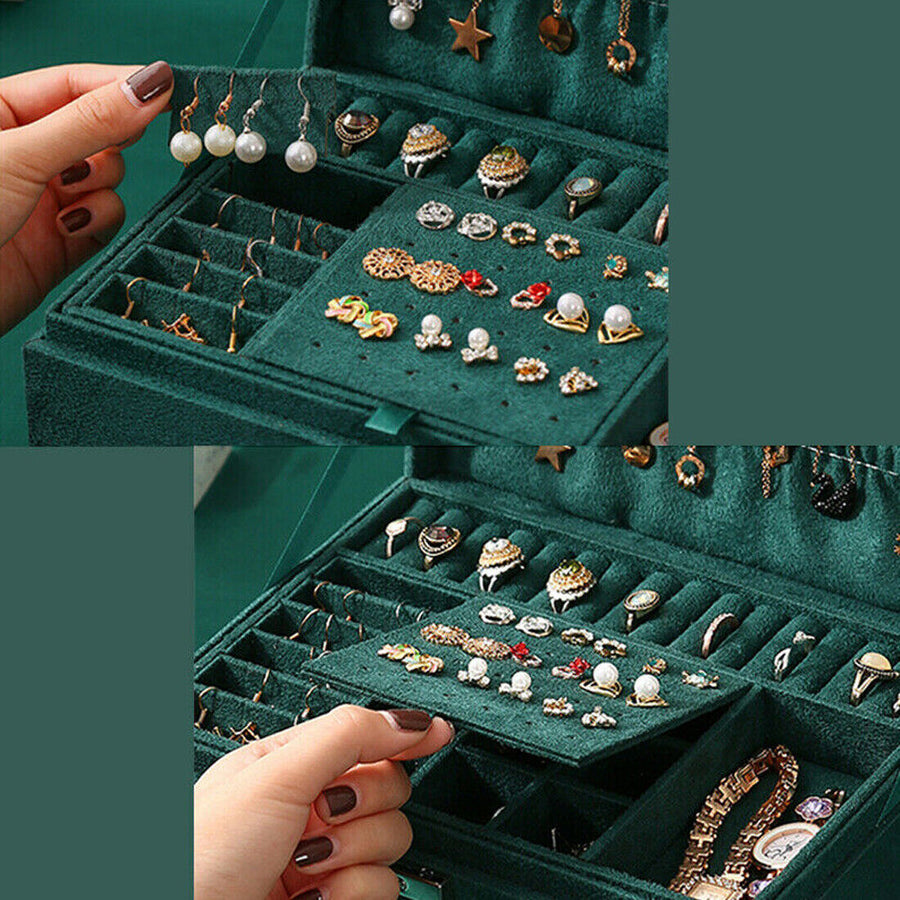 3 Layer Grey Jewellery Box Organizer Rings Necklaces Jewellry Storage Case Box