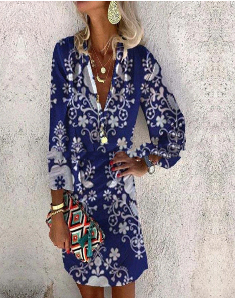 Summer New Printed V-neck Half Sleeves Loose Dress