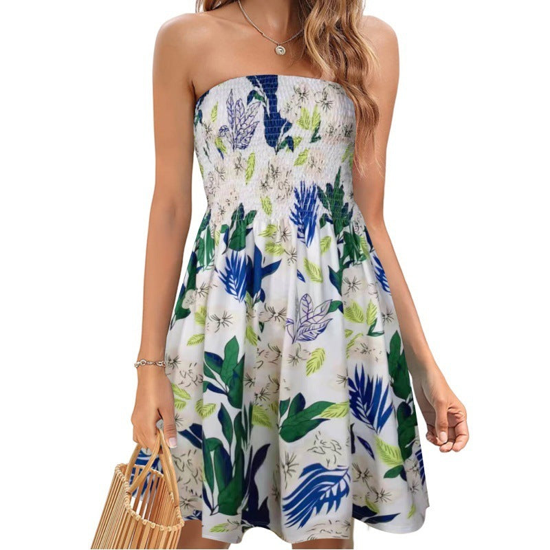 European And American Spring And Summer New Fashion Printed Beach Vacation Sexy Tube Top Dress