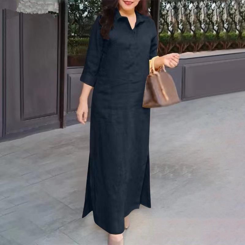 Solid Color Lapel Long Sleeve Simple Dress Women