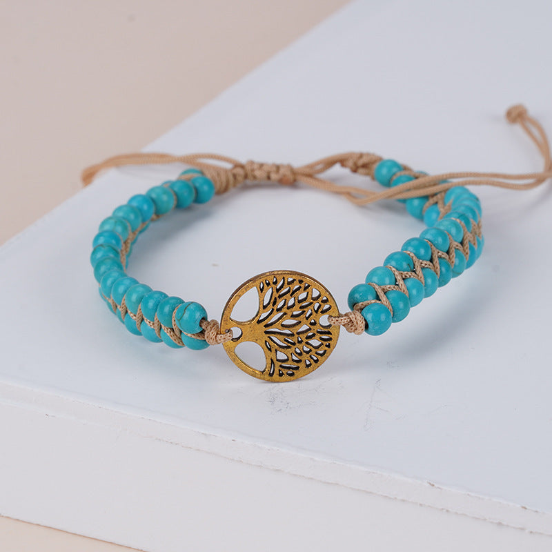 Fashion Braided Double Layer Turquoise Bracelet Bohemian Ethnic Style Tree-of-life Adjustable Yoga Bracelet For Women