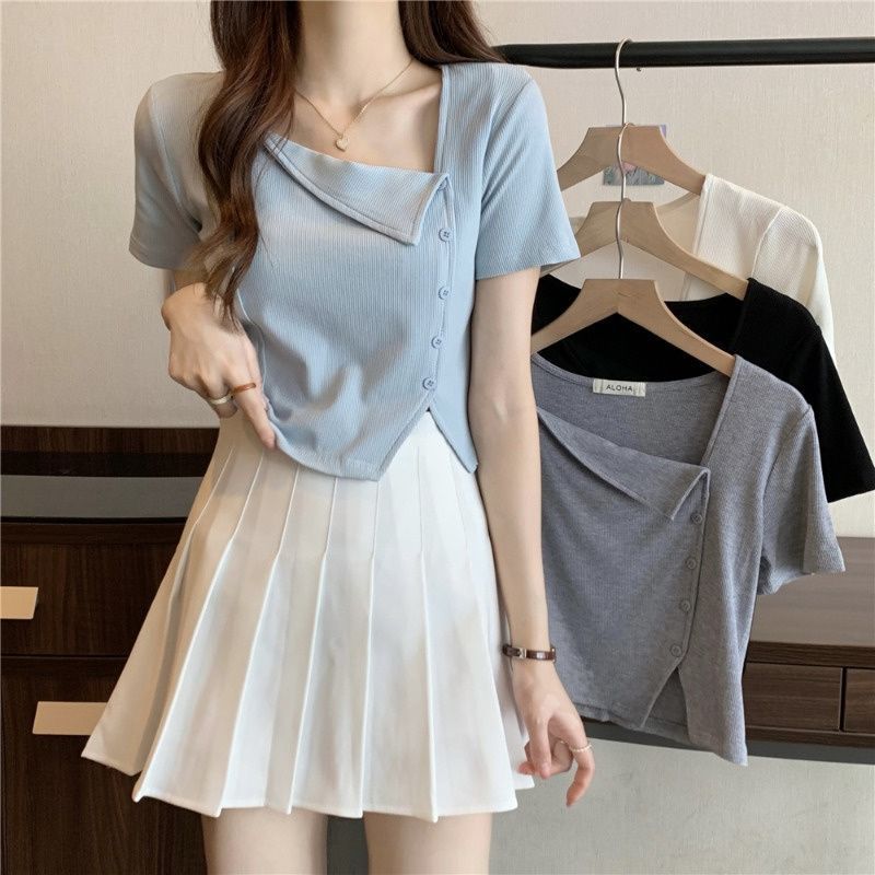 Women's Irregular Square Collar Split Shoulder T-shirt