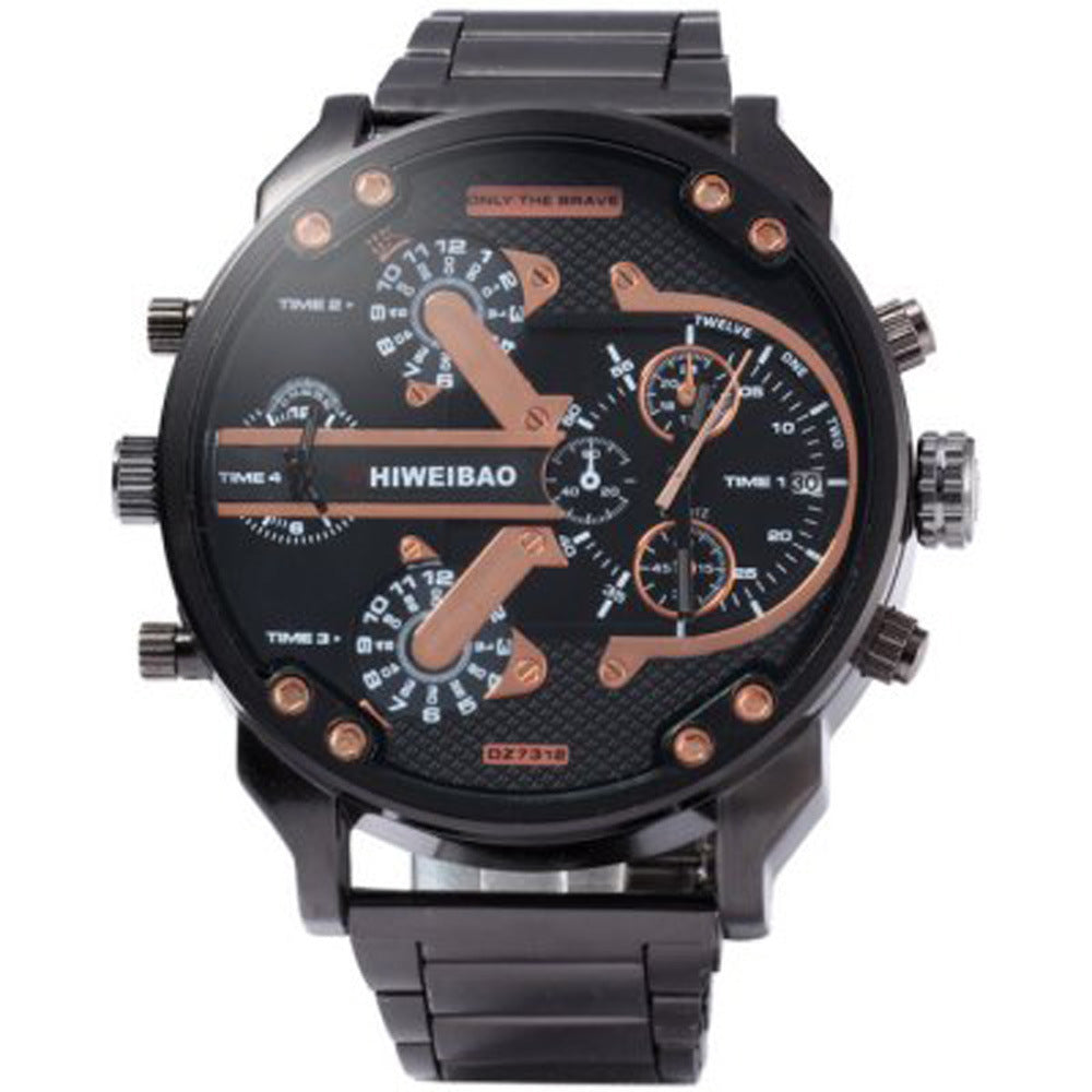 SHIWEIBAO steel belt watch, men's big size dial, two time zone steel belt sports waterproof quartz watch