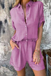 Short-sleeved Suits Fashion Lapel Button Shirt Top And Pocket Shorts Women's Clothing