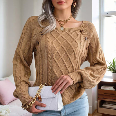 Women's Solid Color Casual Square Neck Button-Detail Knit Top -