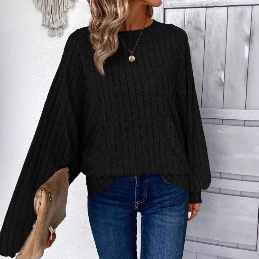Round Neck Solid Color Rib Fabric Loose Long Sleeve Top Women's Clothing