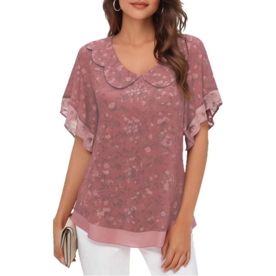 Women's Stringy Selvedge Round Neck Ultra-thin Chiffon Printed Short-sleeved Shirt