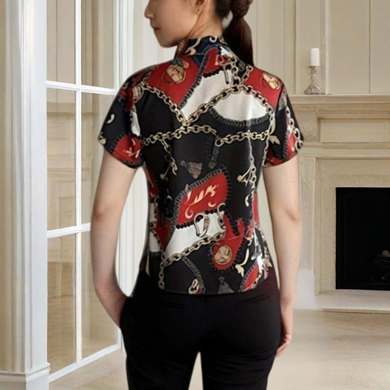 Women's Lapel Collar Short Sleeve Shirt - Chain Print Design, Button-Up Casual Top Comfortable Summer Wear