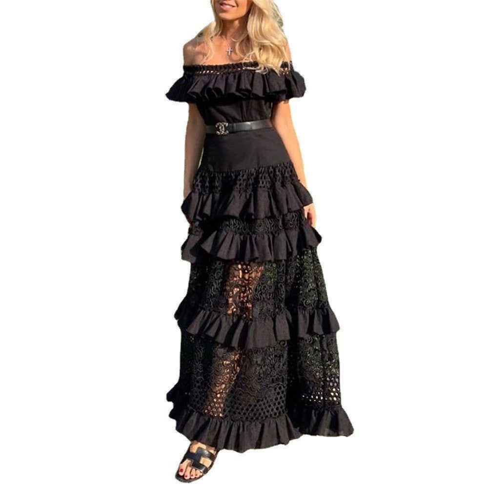 Women's Off-shoulder Ruffled Hollow Wide Hem Lace Dress