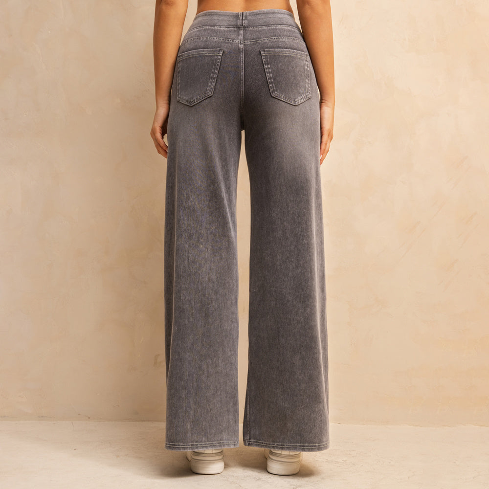 Shascullfites Full-Length Wide Leg Jeans Stretch Cotton Light Grey Wash Casual Pants With Multiple Pockets Baggy Fit